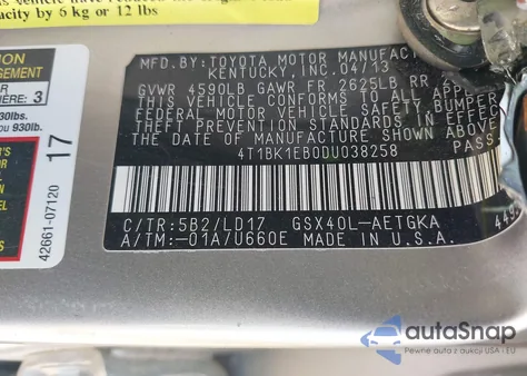 2013 Toyota Avalon Xle z USA, uszkodzony, nr VIN 4T1BK1EB0DU038258